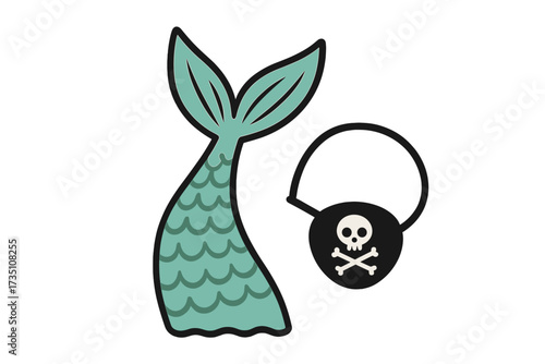 Every pirate needs a mermaid, a romantic summer sea concept. Vector graphic with a mermaid tail and pirate eye patch with skull and crossbones. Cute fantasy love couple design.