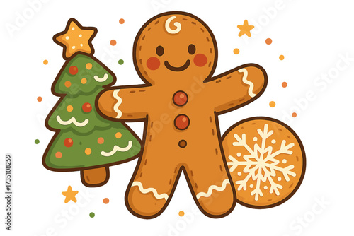 Official cookie tester. Funny Christmas quote with cute gingerbread man, tree, and snowflake cookies. Vector cartoon illustration for holiday baking, festive food, and New Year.