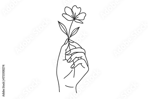 Woman's hand holding a flower. Minimalist line art vector. Elegant sketch for beauty, cosmetics, spa logo. Feminine logo design concept. Botanical drawing for wedding.