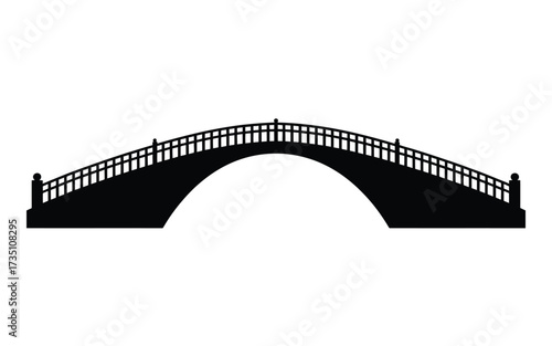 Black silhouette of a classic arched bridge with railings white