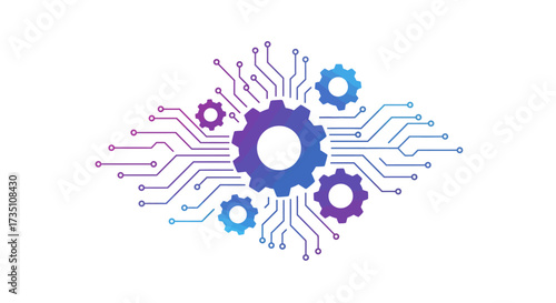 Digital gears amid circuitlike paths transitioning from purple to blue on a white background