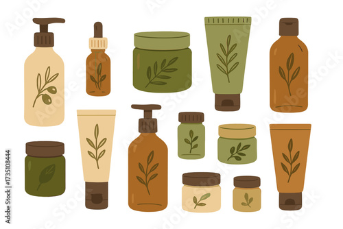 Organic cosmetic packaging set. Natural beauty skincare product collection. Vector illustration of bottles, glass jars, tubes. Herbal eco friendly face care concept mockup.
