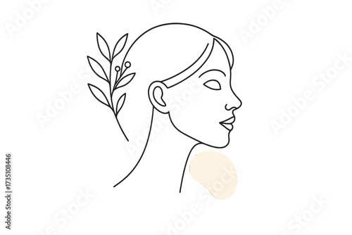 Elegant woman face profile in one line drawing style with botanical leaves. Abstract illustration for beauty salon, spa, natural cosmetics, skincare logo. Minimal vector.