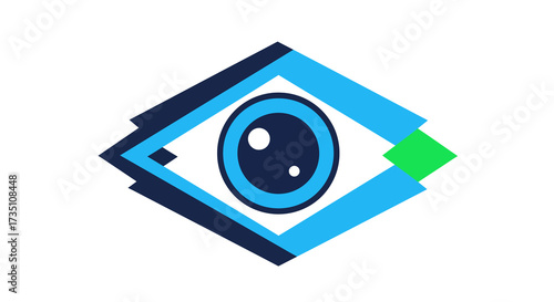 Eyeshaped logo featuring geometric shapes a darkblue pupil and a green accent