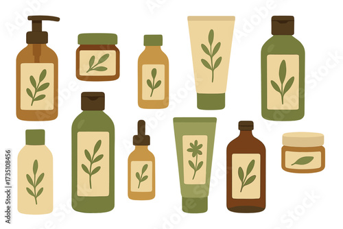 Organic cosmetic packaging big set. Bottles, glass jars, tubes for natural products. Herbal cosmetics collection. Eco friendly face care and skin care concept vector illustration.