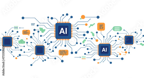 Five interconnected microchips on a white background with AI on two of them