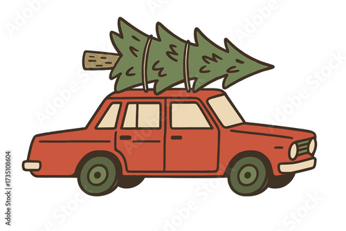 Retro car with Christmas tree on roof. Vintage red auto for winter holiday. Xmas fir transport. Family tradition concept. Isolated flat vector cartoon for greeting card design.