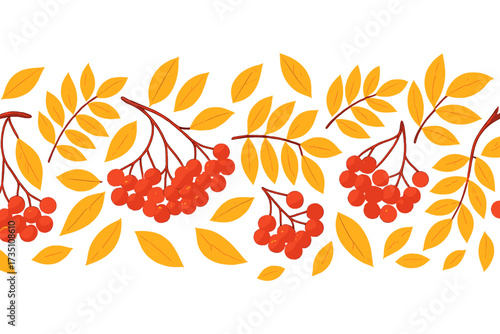 Rowan seamless border with autumn leaves and red berries. Vector botanical garland for seasonal design. Leaf fall pattern. Flat cartoon illustration for nature background or frame.