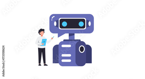 Illustration of a person presenting to a blue robot with a screen face