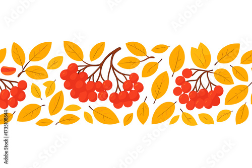 Rowan seamless border with red berries and yellow leaves. Autumn leaf fall vector pattern. Flat botanical cartoon illustration of a fall garland for seasonal decoration.