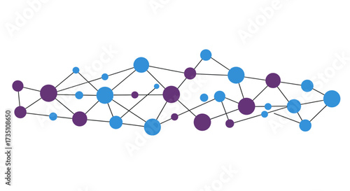 Interconnected blue and purple circles with black lines create a networked pattern on a white background