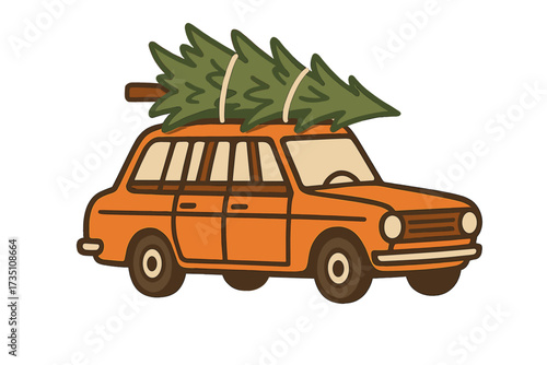 Retro family car carrying Christmas tree on the roof. Vector flat illustration. Vintage station wagon transport for winter holiday. Xmas tradition journey home. Isolated cartoon.