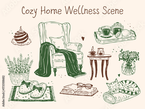 Vector set of hand-drawn sketches themed around cozy home wellness: armchair with blanket, tea, aroma lamp, book with glasses, slippers, lavender basket, cat on yoga mat, tray with tea and candle