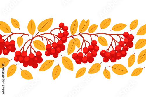 Rowan seamless border with leaf fall pattern. Vector illustration of botanical garland. Red rowan berries and yellow autumn leaves for thanksgiving seasonal design decoration.
