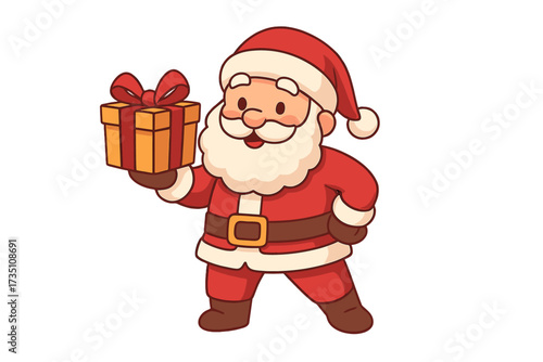 Cute Santa Claus holding a Christmas gift box with a bow. Happy character pose for greeting cards. Cartoon flat vector illustration. Holiday present. Festive season. Xmas.
