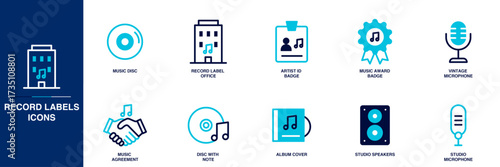 Record Labels Blue Colored Outline Icon Set