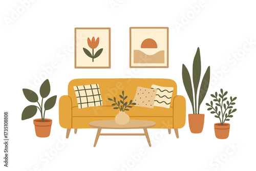 Scandinavian style living room interior. Cozy hygge home decor concept. Isolated yellow sofa, pillows, coffee table, potted plants, and framed paintings. Modern flat vector illustration.