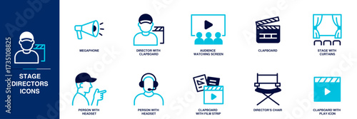 Stage Directors Blue Colored Outline Icon Set