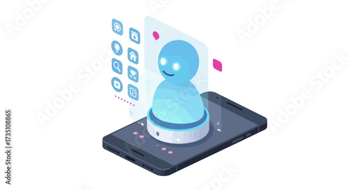 Phone displays hologram app icons and a smiling virtual avatar
