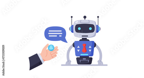 Robot stands by a hand holding a blue token speech bubble to the left