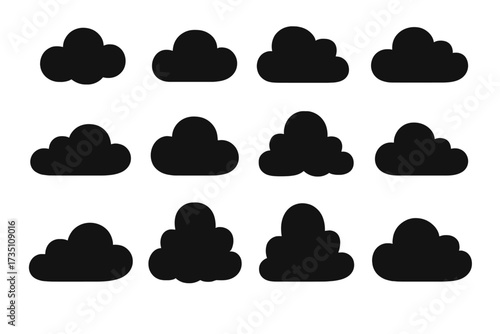 Set of cloud silhouettes in a flat, simple style. Collection of black cloud icons, shapes, and symbols. Vector graphic elements for logo, web, print, and weather forecast design.