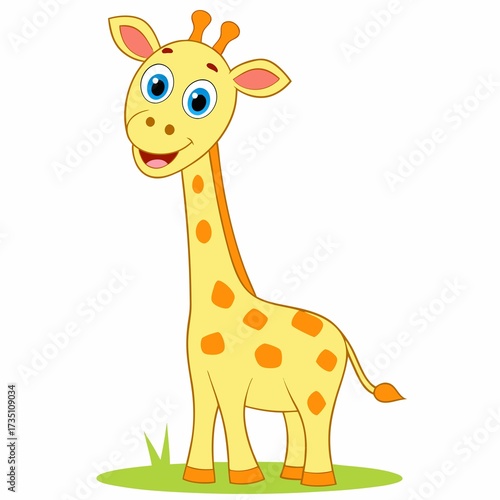 Adorable Giraffe Cartoon Character Standing on Green Grass with a Playful Smile and Big Blue Eyes, Perfect for Kids