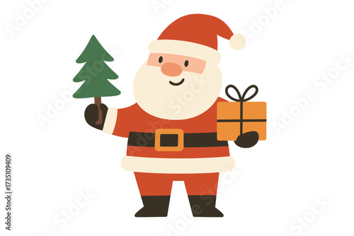 Vector greeting card with Santa Claus holding gift box and fir tree. Trendy character for poster, web banner or social media. Xmas concept. Flat vector illustration. Happy New Year.