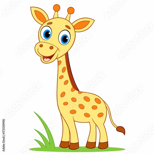 Delightful Cartoon Giraffe Standing Gracefully in a Green Patch of Grass with a Warm and Inviting Smile on its Face