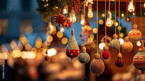 Colorful Christmas baubles and glowing lights hanging at Brussels Winter Wonders market creating festive magical holiday atmosphere