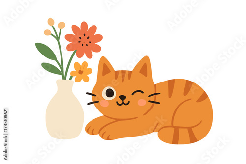 Cute ginger cat winking. Funny cartoon kitten character lying near a flower vase. Adorable pet animal vector illustration. Modern flat graphic design for nursery or print.