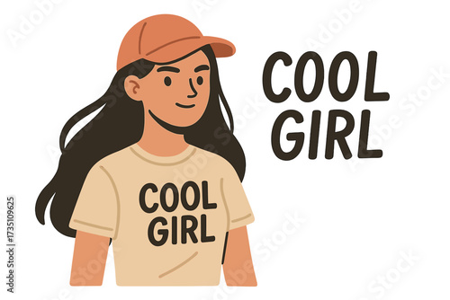 Cool girl lettering quote. Trendy young woman in baseball cap and t-shirt. Female character vector flat hand drawn illustration. Modern fashion and youth style concept.