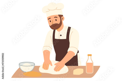 Male baker character kneading dough. Man in chef hat and apron at work in bakery kitchen. Professional cook preparing bread. Food industry concept flat vector illustration.