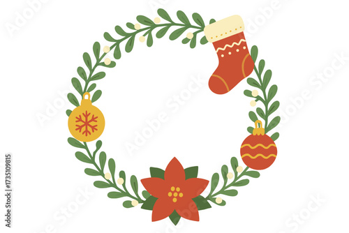 Christmas wreath frame with poinsettia, mistletoe, stocking and baubles. Season's greetings vector flat illustration. Winter holiday decorative border for card or invitation.