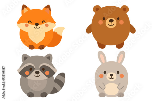 Set of cute woodland animals. Kawaii fox, bear, raccoon, rabbit characters collection. Stylized round forest mammals for kids, nursery decor, baby shower. Flat vector illustration.
