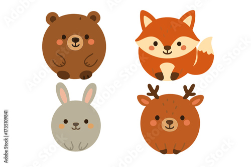 Set of cute round forest animals. Kawaii woodland characters collection. Bear, fox, rabbit, deer. Baby animal icons for kids. Vector flat hand drawn style illustration.