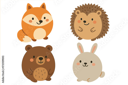 Set of cute forest animals in a round shape. Collection of kawaii woodland characters: fox, bear, hedgehog, rabbit. Baby animal icons for kids. Vector flat cartoon illustration.