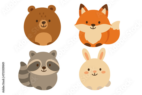Cute round forest animals set. Woodland characters bear, fox, raccoon, bunny. Vector flat stylized illustration collection. Isolated wild mammal icons for kids, baby shower.