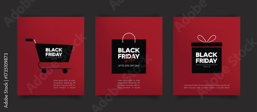 Black Friday card template with shopping elements such as shopping cart, shopping bag, and gift box. Vector illustration.