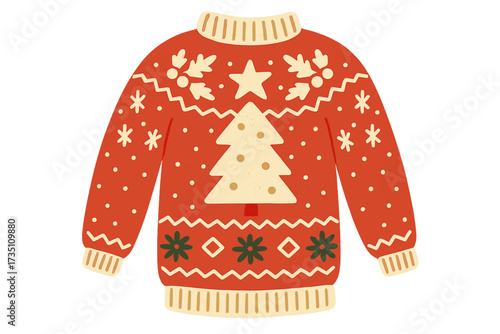 Ugly Christmas sweater with Christmas tree and snowflakes. Festive red winter jumper for a holiday party. Knitted cozy pullover design. Xmas seasonal graphic vector illustration.