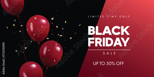 Black Friday Sale Banner with red balloons. Vector illustration	