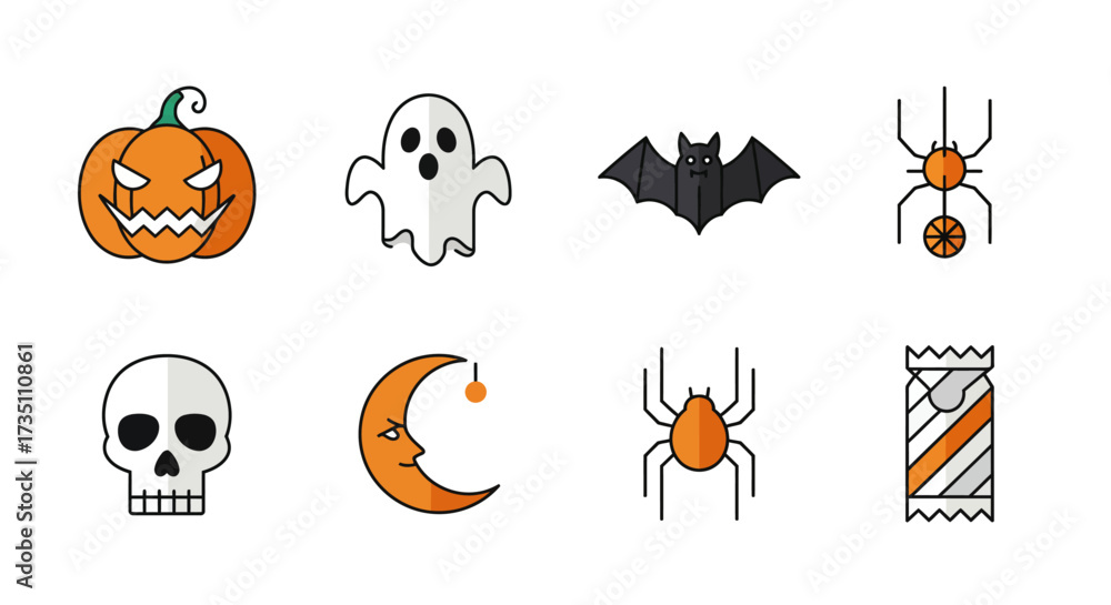 Fototapeta premium A minimalist flat design vector illustration featuring a collection of 8 classic Halloween creature icons, perfect for digital projects. Each icon is rendered with simple shapes.
