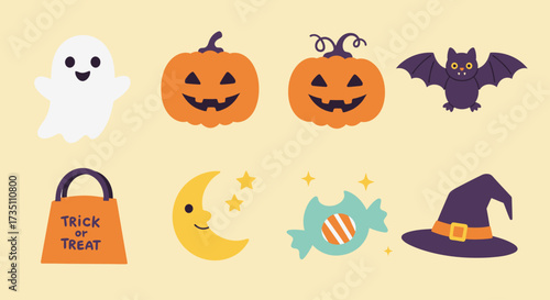 A delightful flat design vector illustration featuring 8 cute and friendly Halloween icons, perfect for children's projects and lighthearted themes. The collection uses a bright and inviting color.