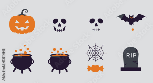 This flat design vector illustration presents a curated collection of 8 spooky Halloween objects and symbols, ideal for various design applications. Rendered with clean lines and a modern, minimalist.