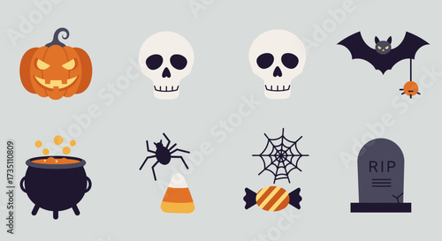 This flat design vector illustration presents a curated collection of 8 spooky Halloween objects and symbols, ideal for various design applications. Rendered with clean lines and a modern, minimalist.