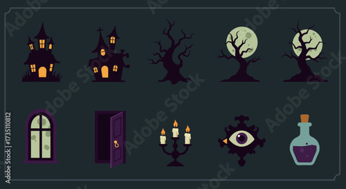 This flat design vector illustration showcases a collection of 8 atmospheric haunted house-themed Halloween icons, ideal for creating a spooky ambiance. Designed with bold shapes and a dark modern.