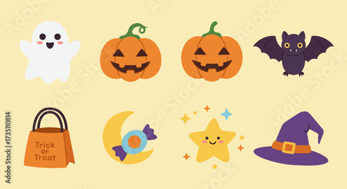 A delightful flat design vector illustration featuring 8 cute and friendly Halloween icons, perfect for children's projects and lighthearted themes. The collection uses a bright and inviting color.