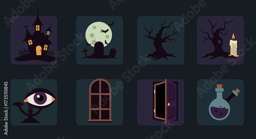 This flat design vector illustration showcases a collection of 8 atmospheric haunted house-themed Halloween icons, ideal for creating a spooky ambiance. Designed with bold shapes and a dark modern.