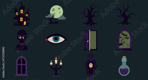 This flat design vector illustration showcases a collection of 8 atmospheric haunted house-themed Halloween icons, ideal for creating a spooky ambiance. Designed with bold shapes and a dark modern.