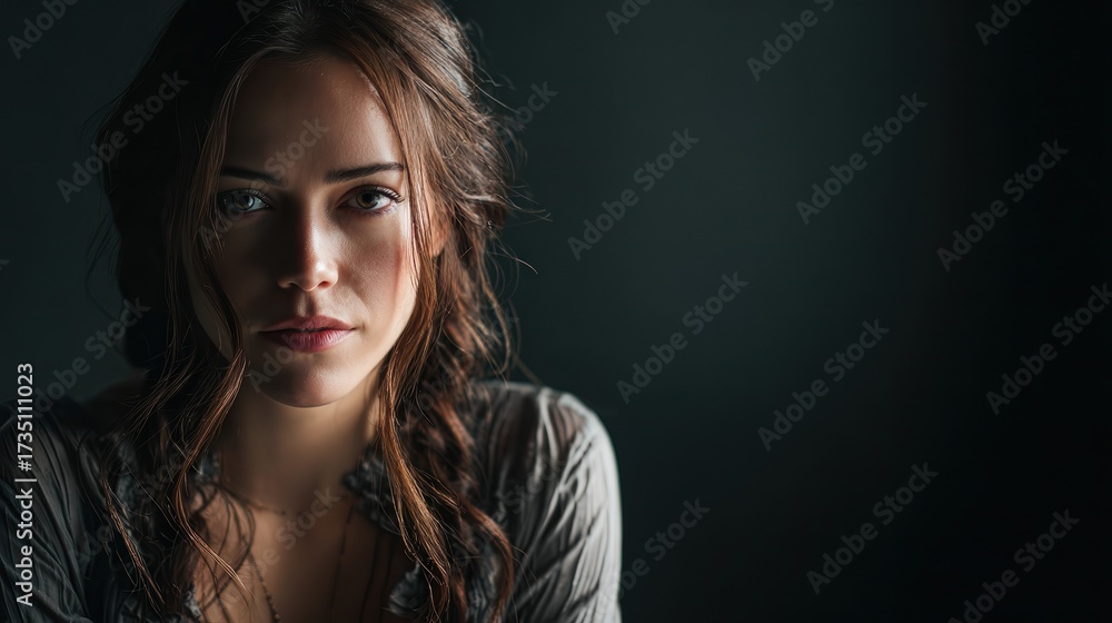 Fototapeta premium Close up portrait of thoughtful young woman with long wavy hair and natural makeup in dark studio setting