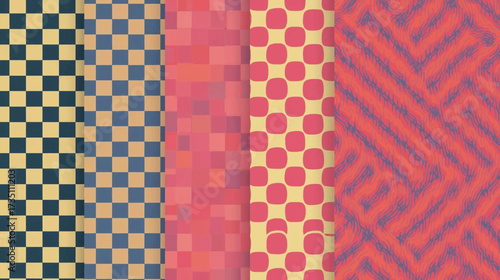 Four abstract patterned textiles with geometric designs and varied colors. Suitable for backgrounds, textiles, fashion design, and decorative purposes.